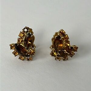 Vtg Gold Tone Brown Orange Marquee Faux Topaz Rhinestone Clip On Earrings 50s